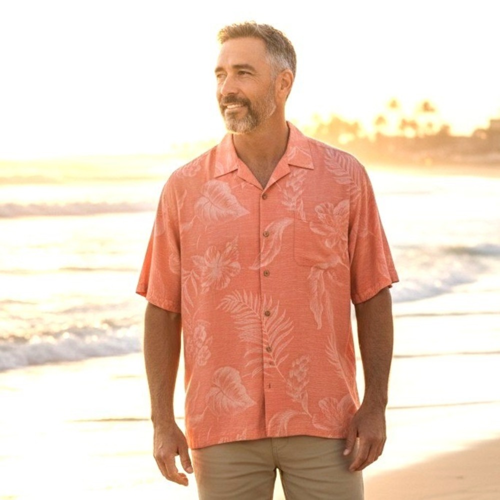 Caribbean Joe Mens Coral Tropical Leaf Print Silk Short Sleeve Button Up Shirt L